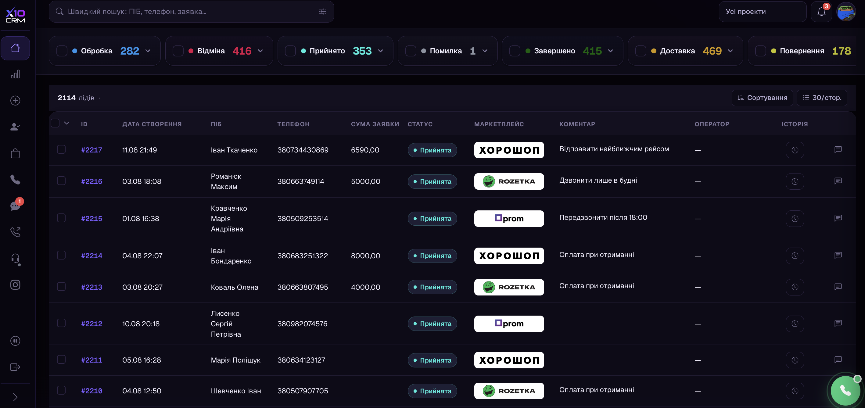 Список заказов X10 CRM с маркетплейсов и собственного сайта